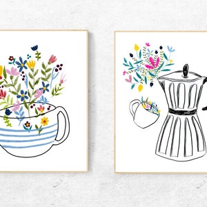 Kitchen art print coffee machine and coffee cup, Set of 2 kitchen wall art prints with flowers, Coffee printable wall art, Digital prints