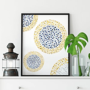 Modern prints download, Blue and yellow poster, Polka dots wall art, Abstract dots printable, Blue scandinavian print, Navy blue poster image 1