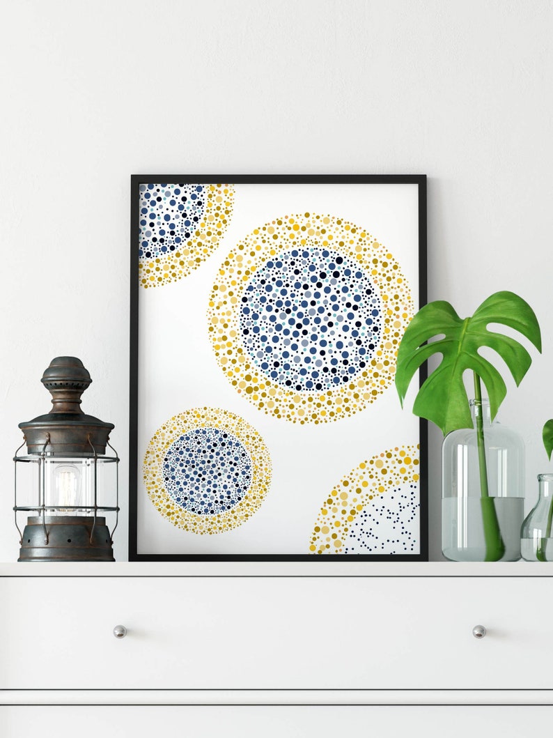 Modern prints download, Blue and yellow poster, Polka dots wall art, Abstract dots printable, Blue scandinavian print, Navy blue poster image 1