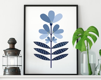 Botanical illustration, Indigo blue modern botanical print, Navy flower print, Scandinavian modern print,  Scandi floral printable wall art