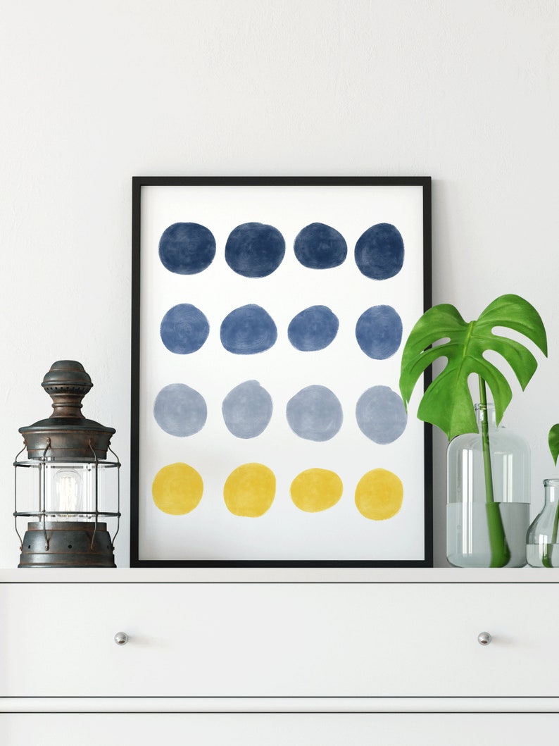 Navy Abstract Printable Blue Gray Yellow Modern Wall Art Etsy