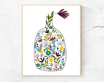 Kitchen wall decor of a bottle with flowers print, Colorful floral wall art, Yellow Kitchen illustration print, printable wall art, folk art