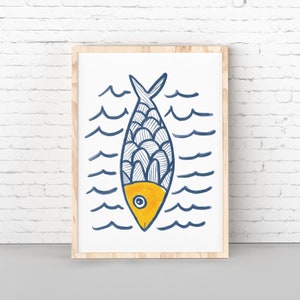 Fish print nursery, Kids room printable art, Yellow nursery animal, fish with waves print, Printable nursery art, Boy room poster, Toddler