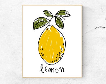 Lemon wall art print, modern fruit print, Kitchen wall decor, Kitchen posters, Lemon illustration for kitchen, Kitchen printable wall art