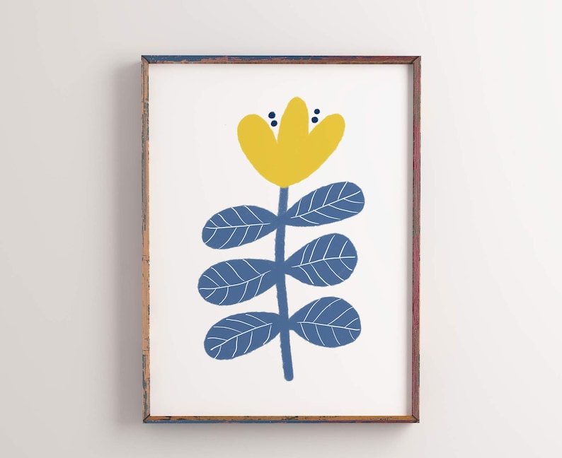 Blue and Yellow Flower Prints Scandinavian Modern Art Blue Etsy