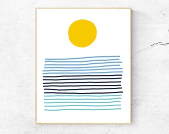 Abstract sun print, Minimalist sun wall art, Blue and yellow modern art, Large abstract wall art, Sun over the sea print, Sun poster