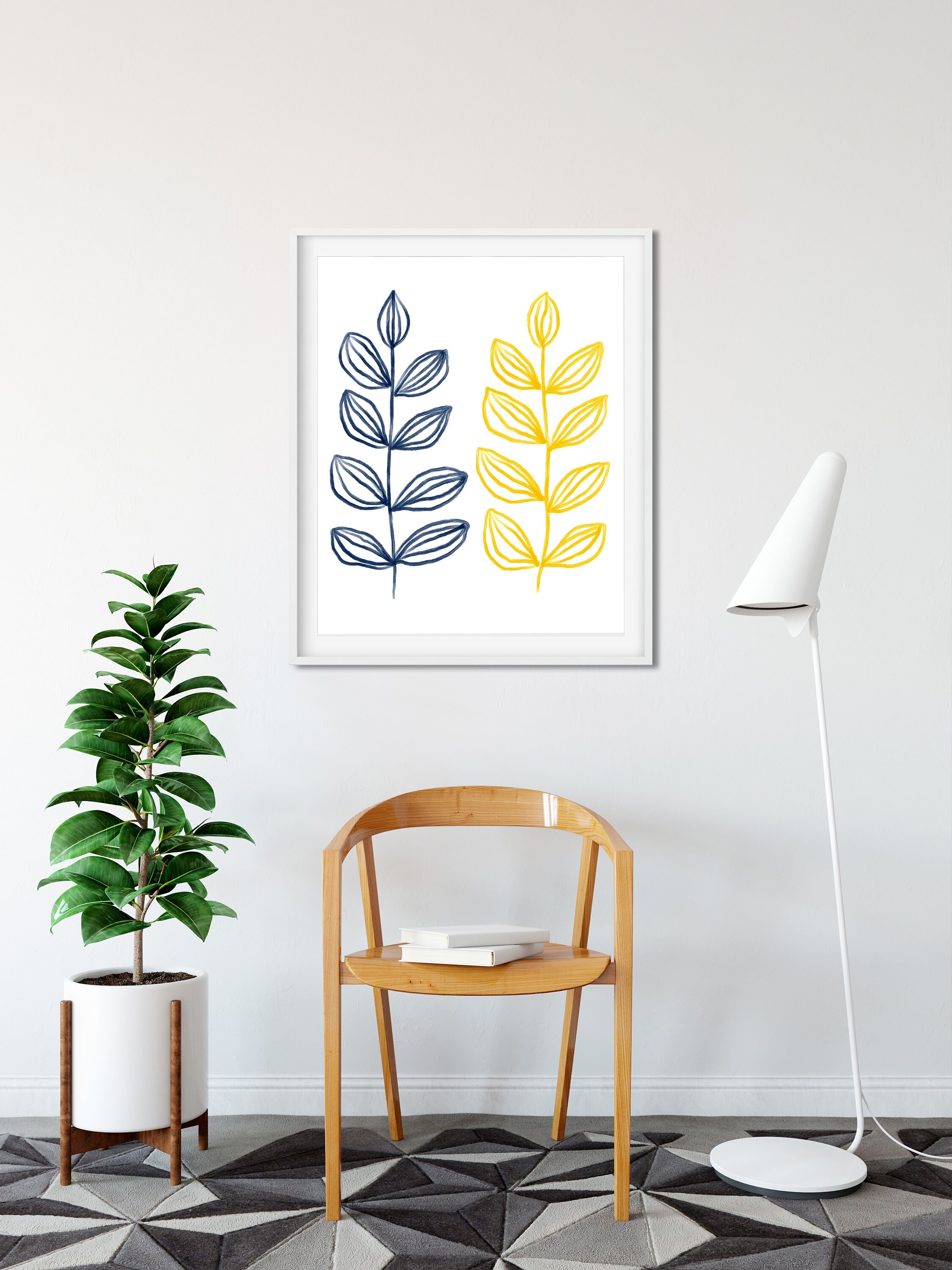 Blue and Yellow Wall Art Prints Scandinavian Print Blue Leaf - Etsy