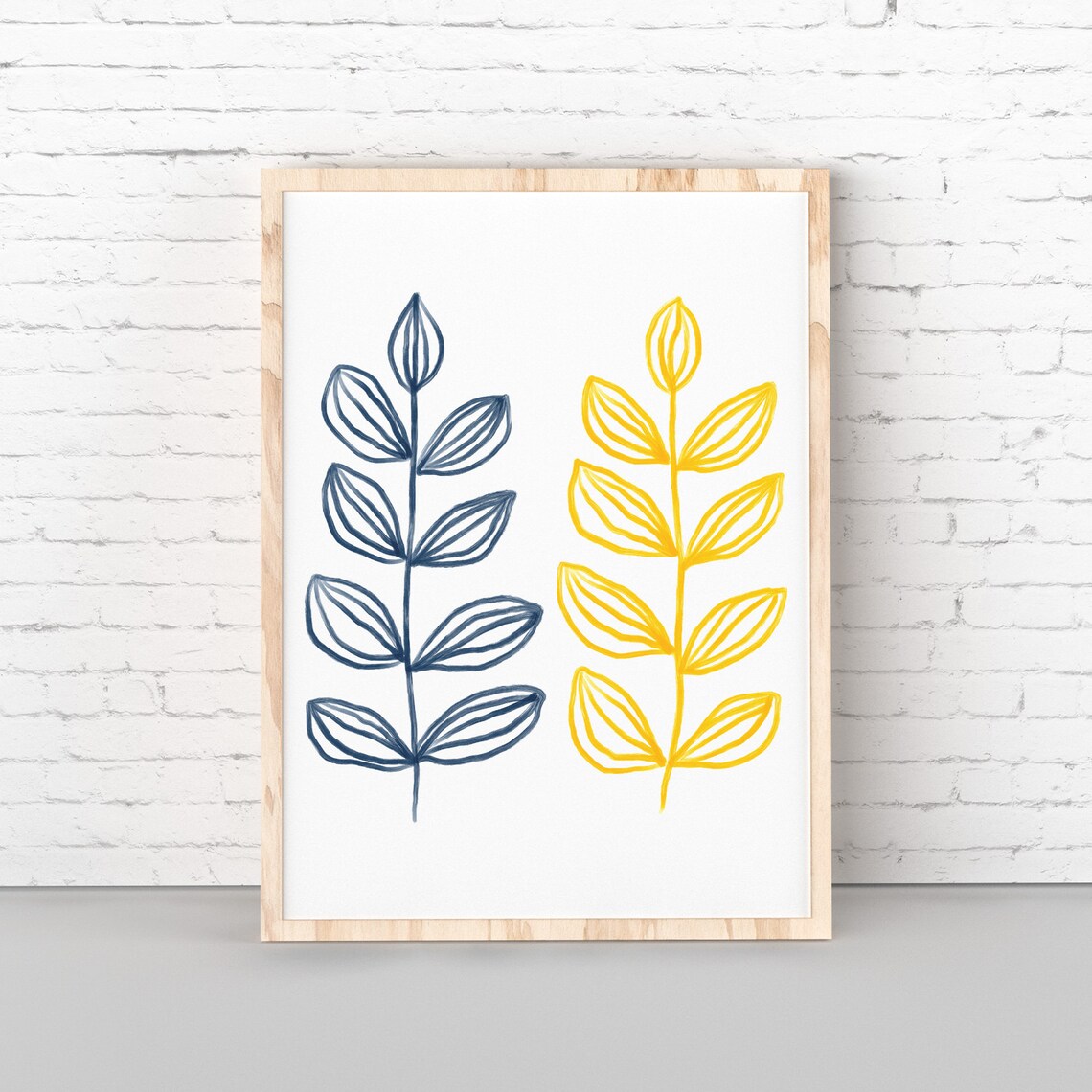 Blue and Yellow Wall Art Prints Scandinavian Print Blue Leaf - Etsy