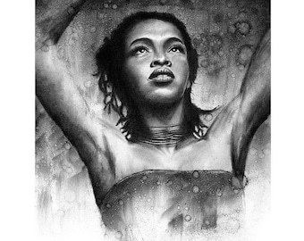 May include: Black and white drawing of a woman with her arms raised, looking upwards. The woman has dark hair and is wearing a strapless top. The background is a textured, grainy surface.