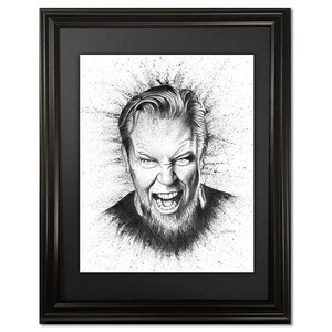 以下が含まれることがあります： 口を開けて叫んでいるひげを生やした男性の白黒鉛筆画。絵は白黒の飛び散り効果で囲まれています。