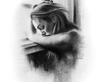 Inside, Fine Art Print - 13&quot;x16&quot;, Wall Art, Charcoal Drawing