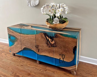 Mobile buffet moderno a cascata / Mobile in resina epossidica blu e noce / Console multimediale / Credenza in legno epossidico / Credenza / Unità TV / Armadietto