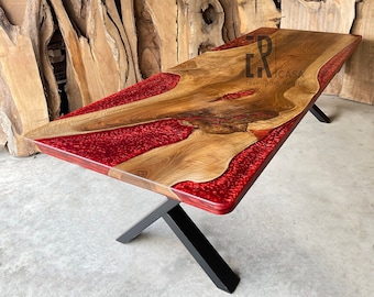 120" Epoxy Dining Table / Epoxy Resin Table /  Live Edge Wood Epoxy Table / Walnut Wood And Red Epoxy Resin River Table / Solid Wood Table