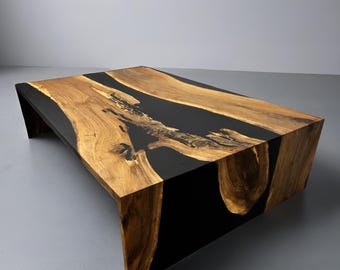 Coffee Table / Epoxy Waterfall Table / Custom Dining Table / Resin River Table/ Black Epoxy Wood Desk / Epoxy Bar / High River Table