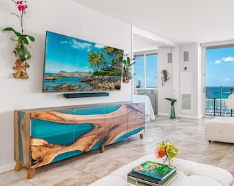Ocean Inspired Wood Epoxy Sideboard / Custom Modern Buffet Console / Credenza /Waterfall Turquoise Epoxy Cabinet / Media Console /TV Unit