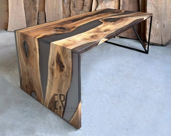 Custom Epoxy Dining Table / Epoxy Waterfall Table / Wood And Sheer Black Epoxy Resin Dining Room Table / Conference Table / Live Edge Table