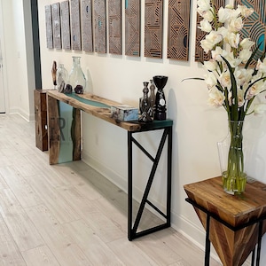 Waterfall Console Table / Wood and Epoxy River Table / Walnut Wood and Matte Turquoise Resin Table/ Waterfall Sofa Table/ Epoxy Countertop