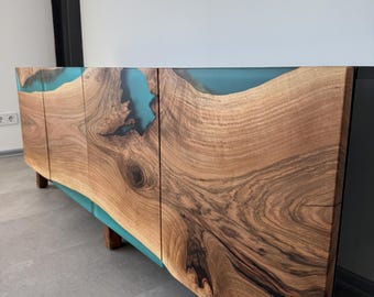 Custom Credenza / Teal Epoxy and Walnut Wood Sideboard/Scandinavian Modern Buffet Cabinet/Wooden Media Console/TV Stand/Dresser
