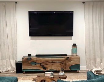 Modern Waterfall Cabinet / Buffet / Walnut and Turquoise Epoxy Cabinet / Media Console / Wood Epoxy Sideboard / Epoxy Credenza / TV Unit /