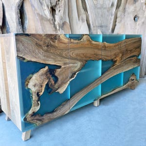 Modern Walnut Wood And Turquoise Epoxy Resin Buffet Cabinet/ Media Console /Sideboard / Wood Epoxy Cabinet / TV Unit / Dresser /Credenza Bar