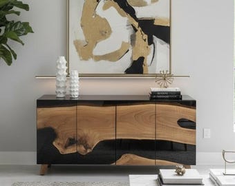 Glossy Epoxy Resin Sideboard/ Walnut Sideboard / Custom Cabinet / Sheer Black Resin Console / TV Unit / Dresser / Modern Buffet Cabinet