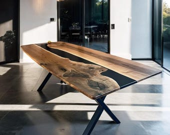 Custom Made Table/Black Epoxy Dining Table/Conference Table/Live Edge Kitchen Table/Epoxy River Table/Dining Room/Office Extra Long Table