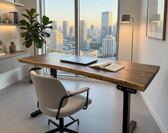 Standing Walnut Desk: Live Edge, Adjustable Height, Black Frame