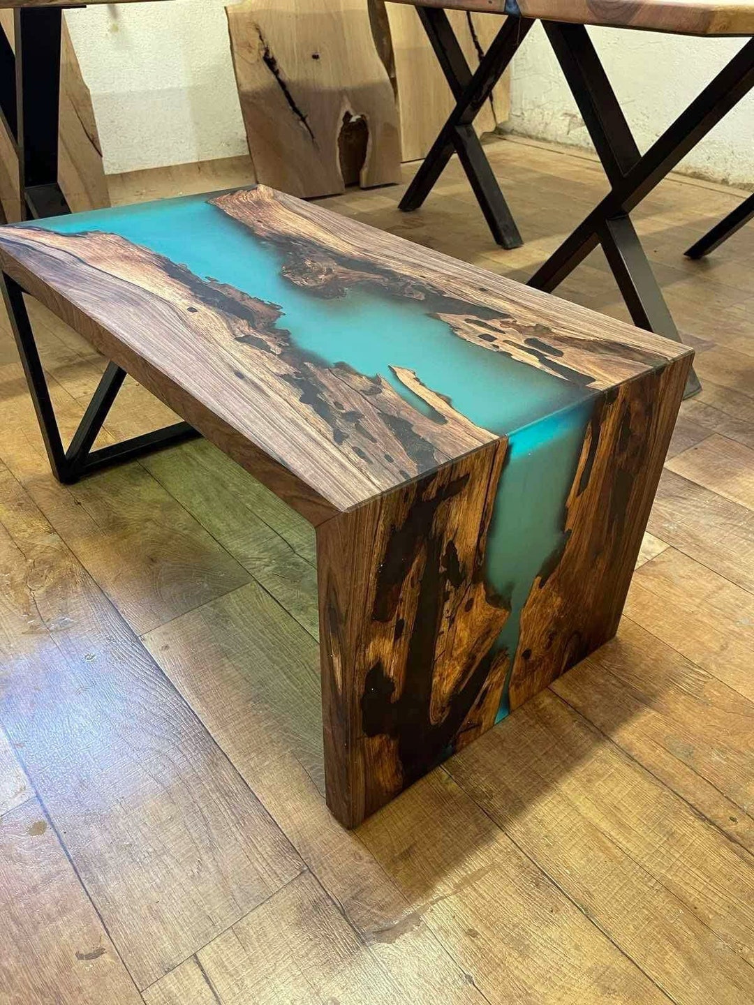 Dark Walnut Wood Epoxy Waterfall River Table /walnut Wood and Transparent  Matte Turquoise Resin Coffee Table Wooden 36