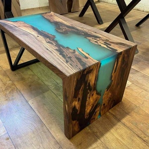Dark Walnut Wood Epoxy Waterfall River Table /Walnut Wood and Transparent Matte Turquoise Resin Coffee Table / Wooden 36&quot; Coffee Epoxy Table
