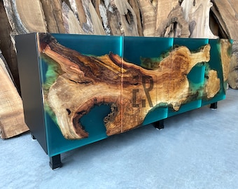 Wood and Epoxy Credenza /TV Unit /Modern Buffet Cabinet /Walnut and Transparent Turquoise Epoxy Cabinet /Media Console /Wood Epoxy Sideboard