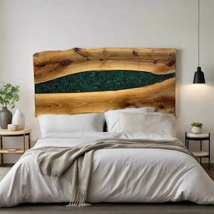 King Live Edge Epoxy Headboard/ Custom Queen Wood Resin Headboard / Floated Wood Wall Bed Frame/ Green Epoxy And Walnut Headboard