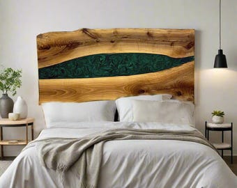 King Live Edge Epoxy Headboard/ Custom Queen Wood Resin Headboard / Floated Wood Wall Bed Frame/ Green Epoxy And Walnut Headboard