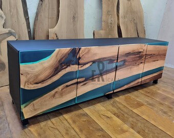 Walnut Wood And Turquoise Epoxy Resin Sideboard/ TV Unit / Modern Buffet Cabinet / Media Console / Wood Epoxy Cupboard / Wooden Credenza
