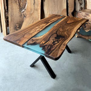 Modern Epoxy Dining Table / Live Edge Turquoise Epoxy Resin Table / 10ft Custom River Table /Solid Wood Long Table /Dining Room Table for 10