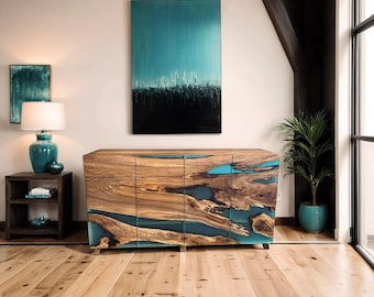 Walnut Wood & Turquoise Epoxy Credenza - Custom Modern Buffet