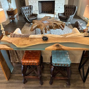Waterfall Console Table / Wood and Epoxy River Table / Walnut Wood and Matte Teal Resin Table/ Waterfall Sofa Table/ Epoxy Countertop