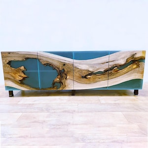 Modern Turquoise Epoxy Resin Credenza / Media Console /Wood Epoxy Sideboard / TV Unit /  Buffet Cabinet / Walnut and Epoxy Cabinet/ Cupboard