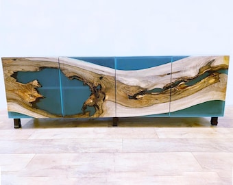 Turquoise Epoxy Resin Credenza, Walnut Wood Media Console