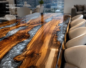 Walnut Epoxy Dining Table, Live Edge River Table, Custom Resin Wood Table, Large Kitchen Table for 12, Handmade in Europe