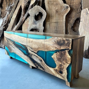 Wood And Turquoise Epoxy Media Console / Modern Walnut Buffet/ Wood Resin Sideboard / Wood Epoxy Cabinet / TV Unit / Dresser / Credenza Bar