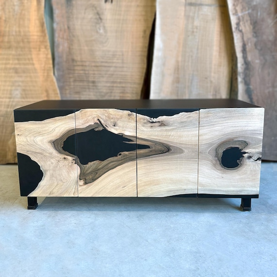 Modern Sideboard/ Wood and Black Epoxy Credenza Bar/ Epoxy Buffet Cabinet/ Dresser /TV Stand / Walnut Wood Epoxy Resin Cabinet / TV Unit