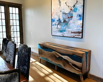 Blue Epoxy Walnut Credenza / Waterfall Media Console / Sideboard / Buffet Cabinet / TV Stand /Made in Europe