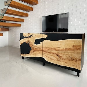 Modern Wood and Black Epoxy Resin Cabinet/ Buffet Cabinet With Doors/ Wood Epoxy Media Console/  Wood Epoxy Sideboard/ TV Unit/Credenza