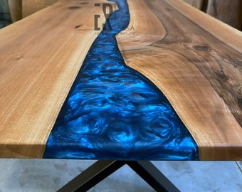 Table à manger époxy bleue/Table de conférence/Table personnalisée Live Edge/Table époxy rivière/Table de salle à manger/Table de bureau/Table extra longue