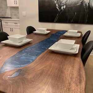 Walnut and Blue Epoxy Resin Dining Table for 6, 8, 10, 12 / Live Edge Wooden Table / Rustic Large Table / Long Office and Conference Table