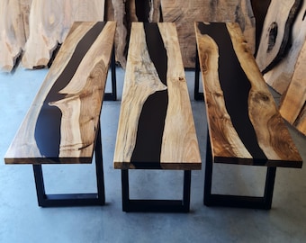 Eingangsbank / Live Edge Bank aus Holz und Epoxidharz / Holzbank nach Maß / Esszimmerbank / Passendes Esszimmer-Set / Moderne Bank