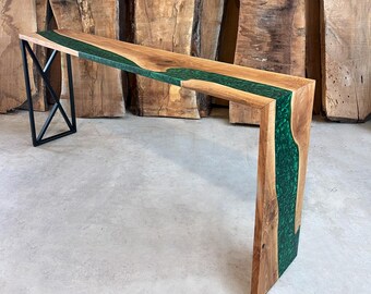 Stolik konsolowy Waterfall Green Epoxy / Stół River z żywicy Live Edge / Stolik kawowy Waterfall / Blat z żywicy epoksydowej / Wyspa kuchenna z żywicy epoksydowej / Stół barowy z drewna