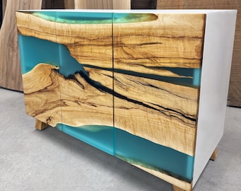 Teal Epoxy Sideboard / Wood Custom Buffet / White Credenza / Office Wooden Cabinet / Small Resin Bar / Bedroom Dresser / Nightstand