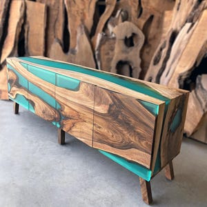Modern Waterfall Wood Epoxy Sideboard/ Buffet Cabinet / Walnut and Turquoise Epoxy Resin Cabinet / Media Console / Epoxy Credenza /TV Unit /