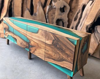 Custom Walnut and Turquoise Epoxy Sideboard, Modern Waterfall Credenza, Live Edge Wood TV Console for Living Room
